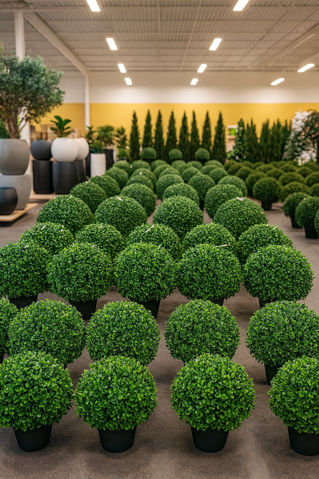 Row of potted green plants in a store setting