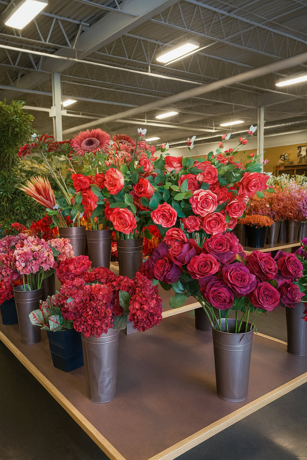 Display of potted flowers in a store setting